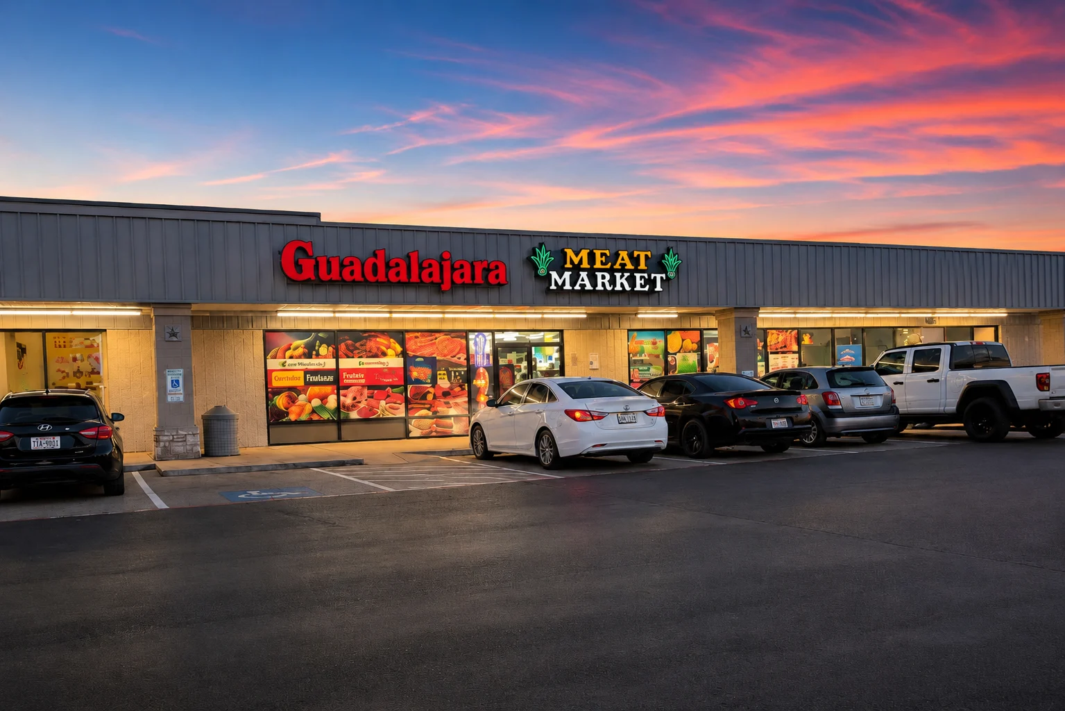Exterior of Guadalajara Meat Market in New Braunfels, Texas, showing the storefront and signage along the IH-35 frontage road
