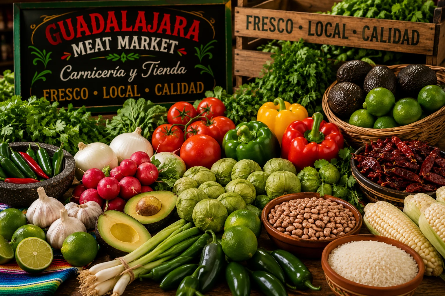 Fresh produce including tomatoes, peppers, tomatillos, limes, avocados, onions and herbs