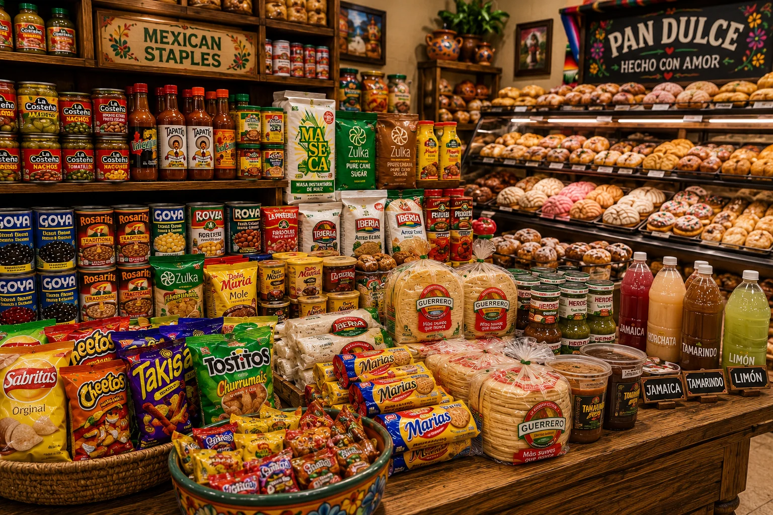 Mexican bakery and grocery display with pan dulce, tortillas, snacks, drinks, salsas and pantry staples