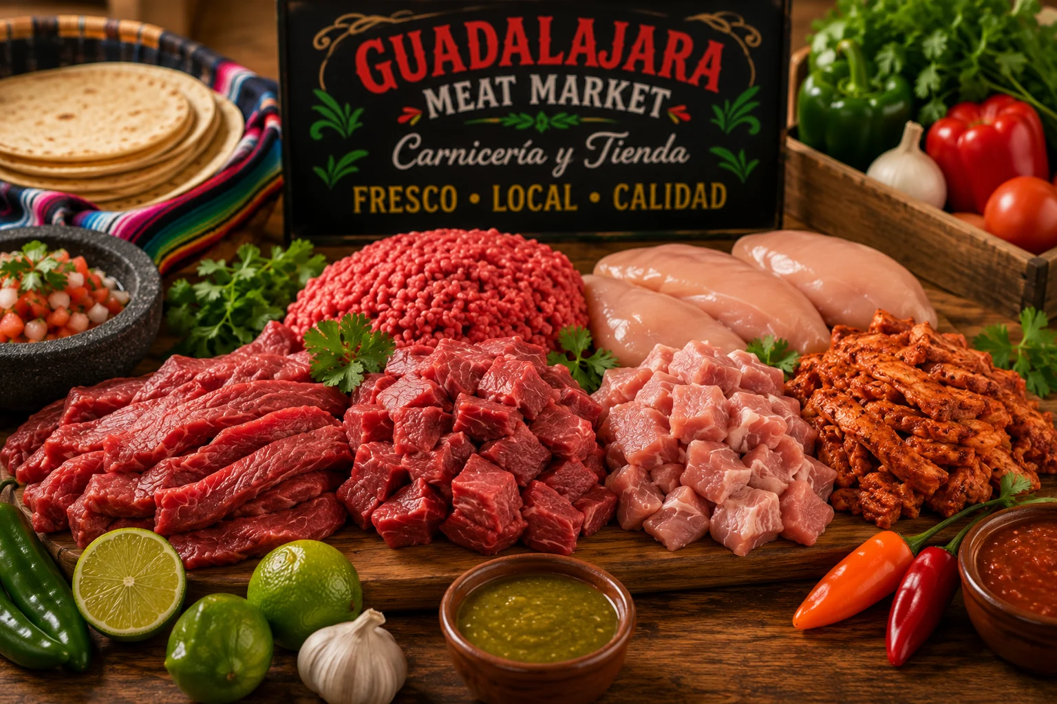 Fresh cuts of beef, pork, chicken and seasoned meat arranged on a wood board with limes, garlic and salsa
