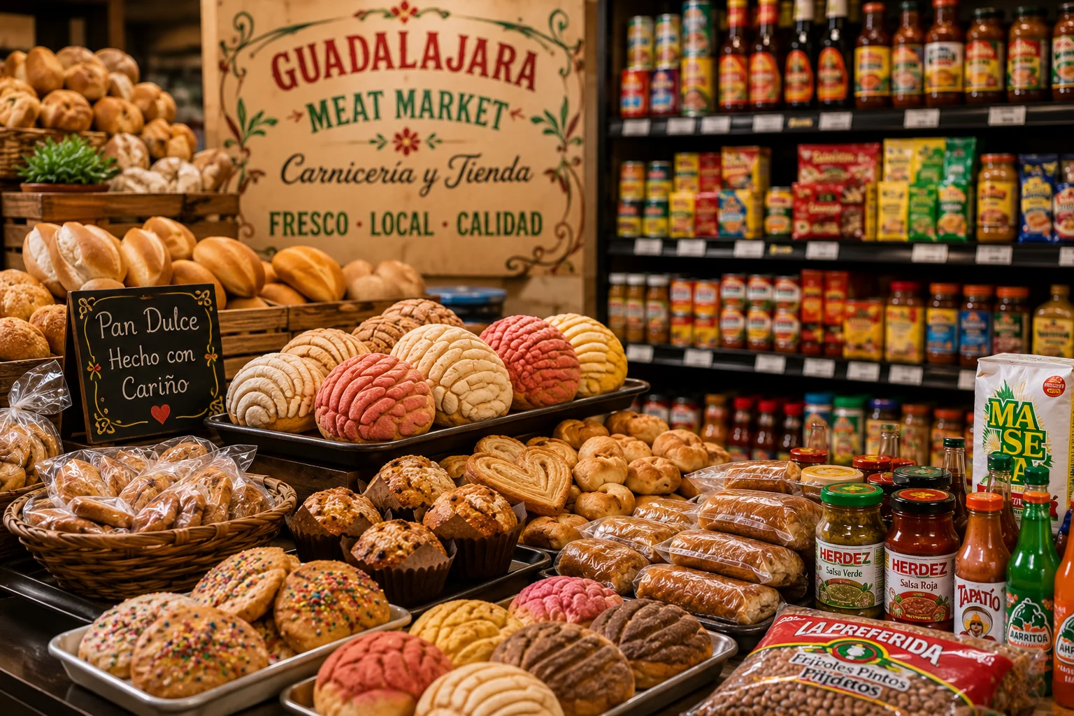 Display of fresh pan dulce, conchas and Mexican sweet bread next to grocery shelves