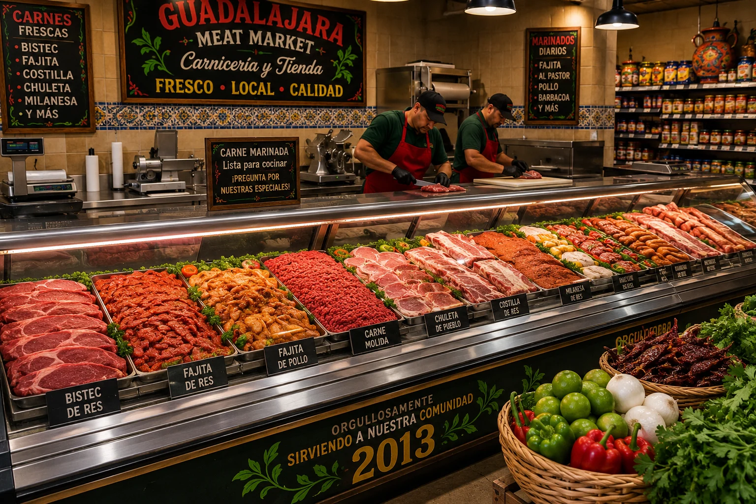 Fresh meat counter with steaks, marinated fajita meat, sausages, butcher case, produce and Guadalajara Meat Market signage