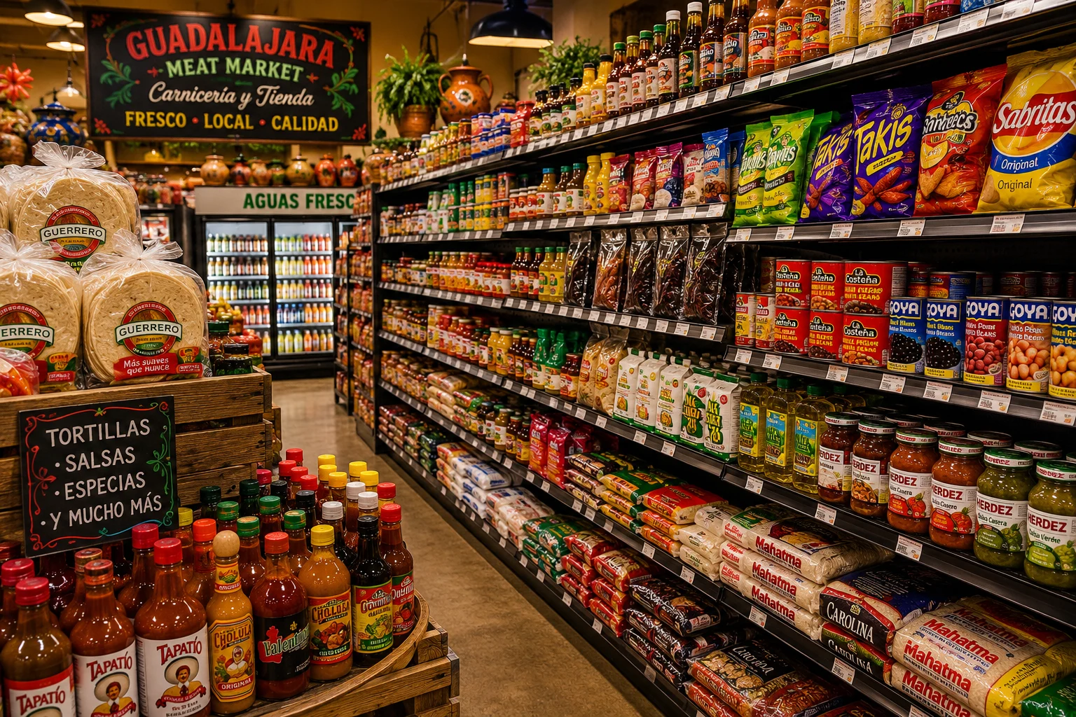 Mexican grocery aisle stocked with tortillas, salsas, hot sauces, snacks, beans, rice, spices and pantry staples