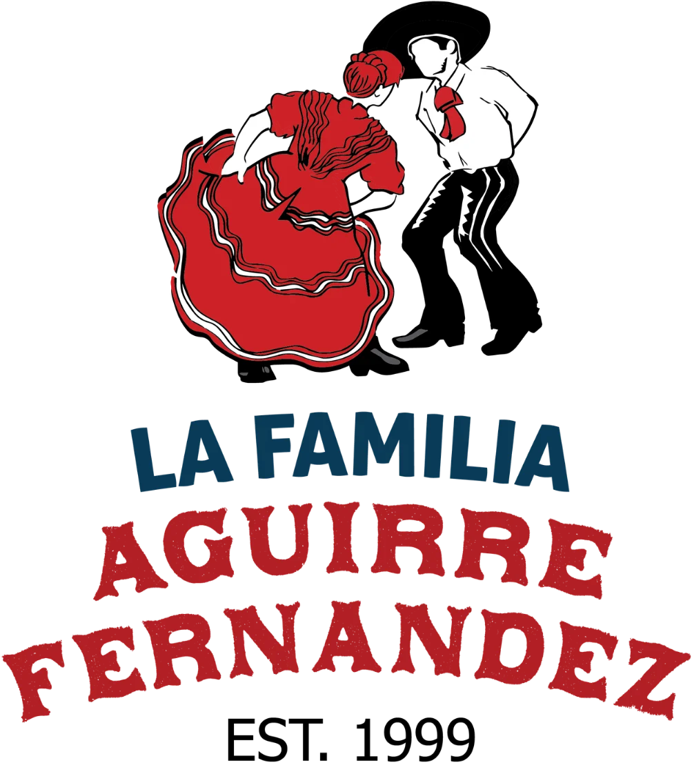 La Familia Aguirre Fernandez logo — a couple dancing baile folklórico, Est. 1999
